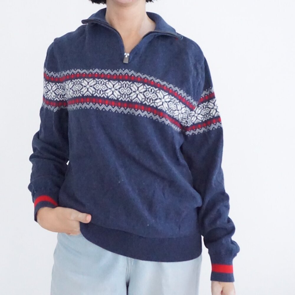 Tommy Hilfiger Navy Blue Fair Isle Quarter-Zip Sweater with Red & White Accents